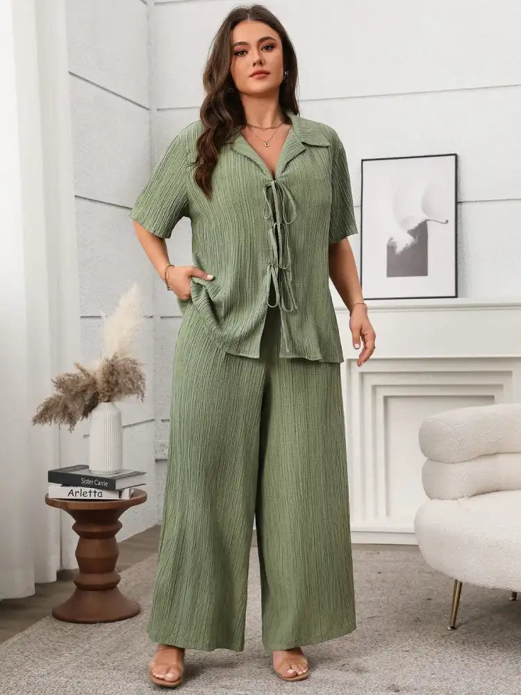 Plus Size Tie Front Short Sleeve Top and Pants Set
