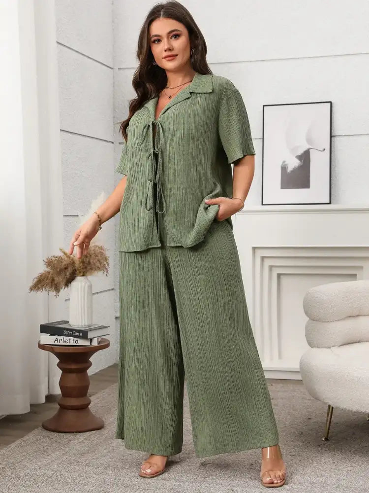 Plus Size Tie Front Short Sleeve Top and Pants Set