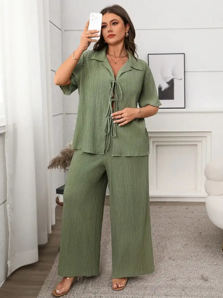 Plus Size Tie Front Short Sleeve Top and Pants Set