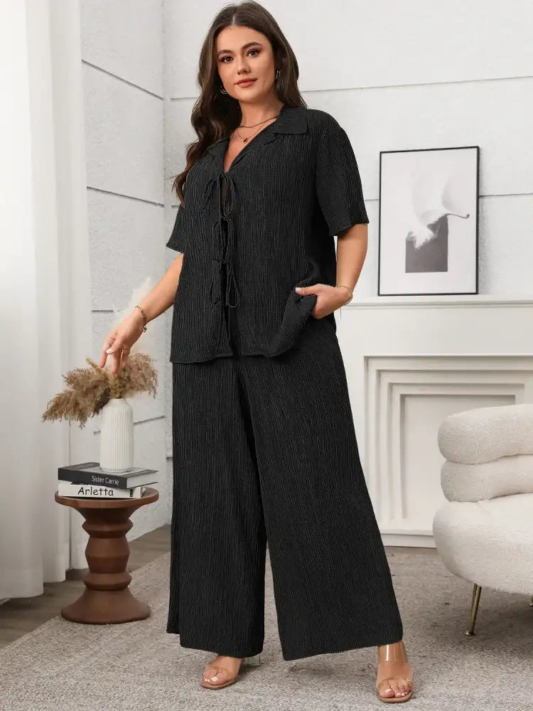 Plus Size Tie Front Short Sleeve Top and Pants Set