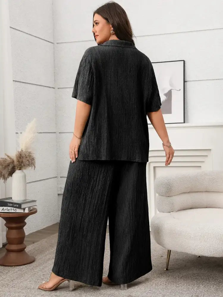 Plus Size Tie Front Short Sleeve Top and Pants Set
