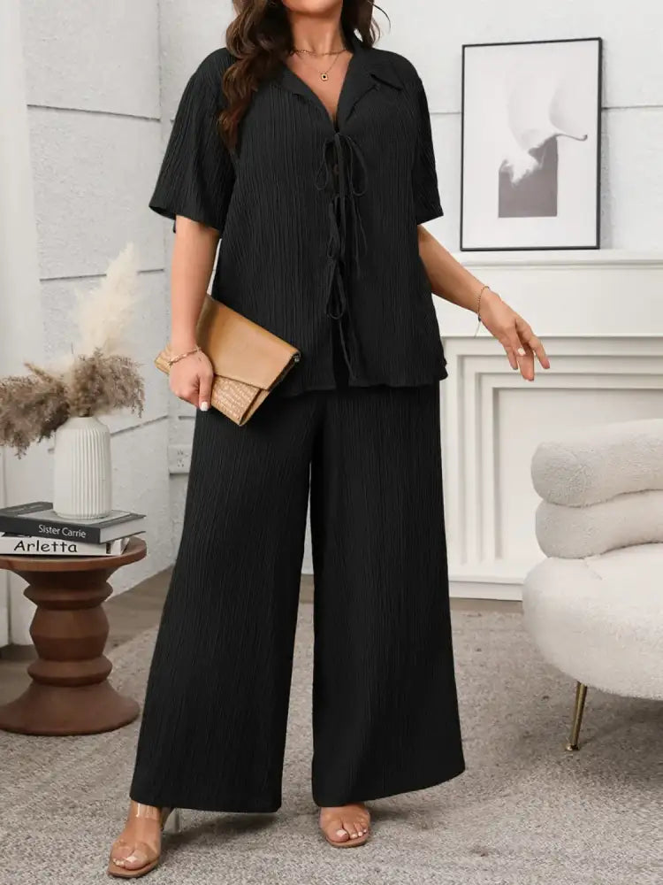 Plus Size Tie Front Short Sleeve Top and Pants Set