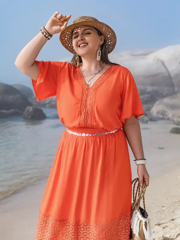Plus Size V-Neck Flutter Sleeve Maxi Dress