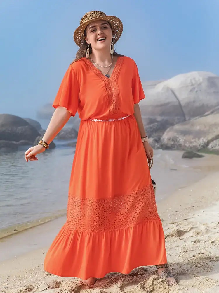 Plus Size V-Neck Flutter Sleeve Maxi Dress