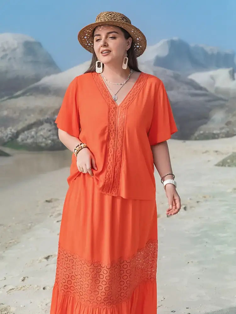 Plus Size V-Neck Flutter Sleeve Maxi Dress
