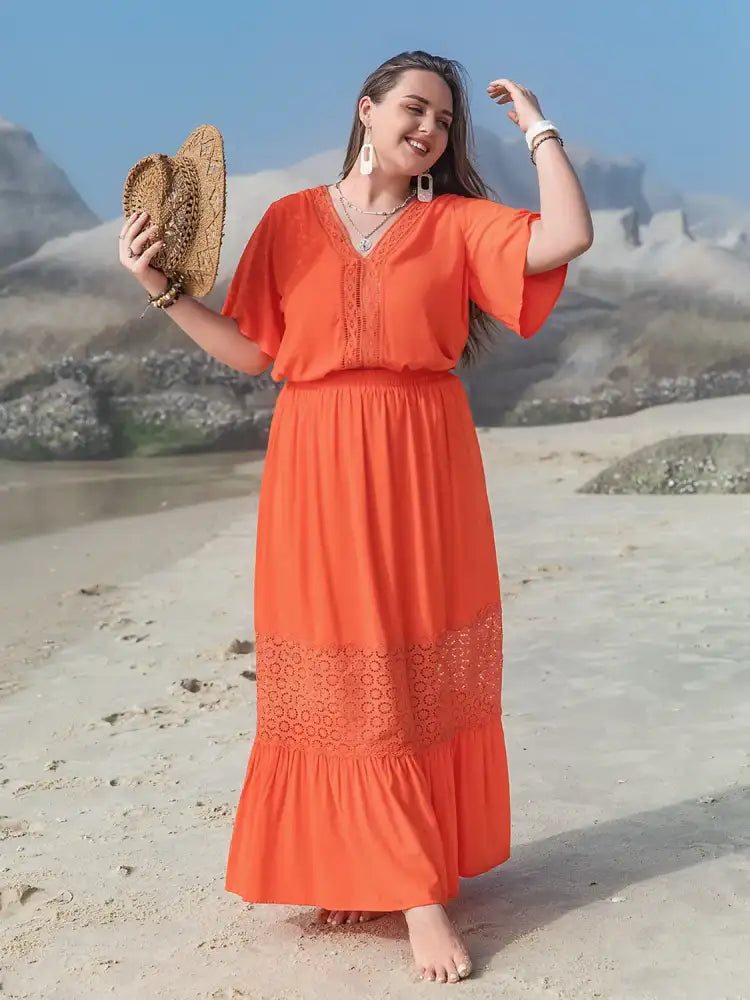 Plus Size V-Neck Flutter Sleeve Maxi Dress