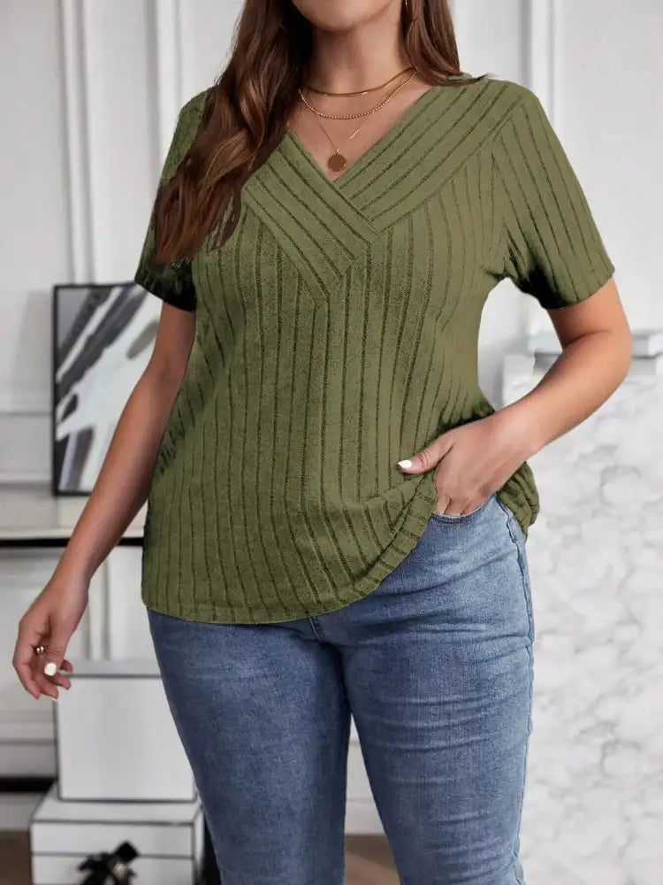 Plus Size V-Neck Short Sleeve Ribbed T-Shirt