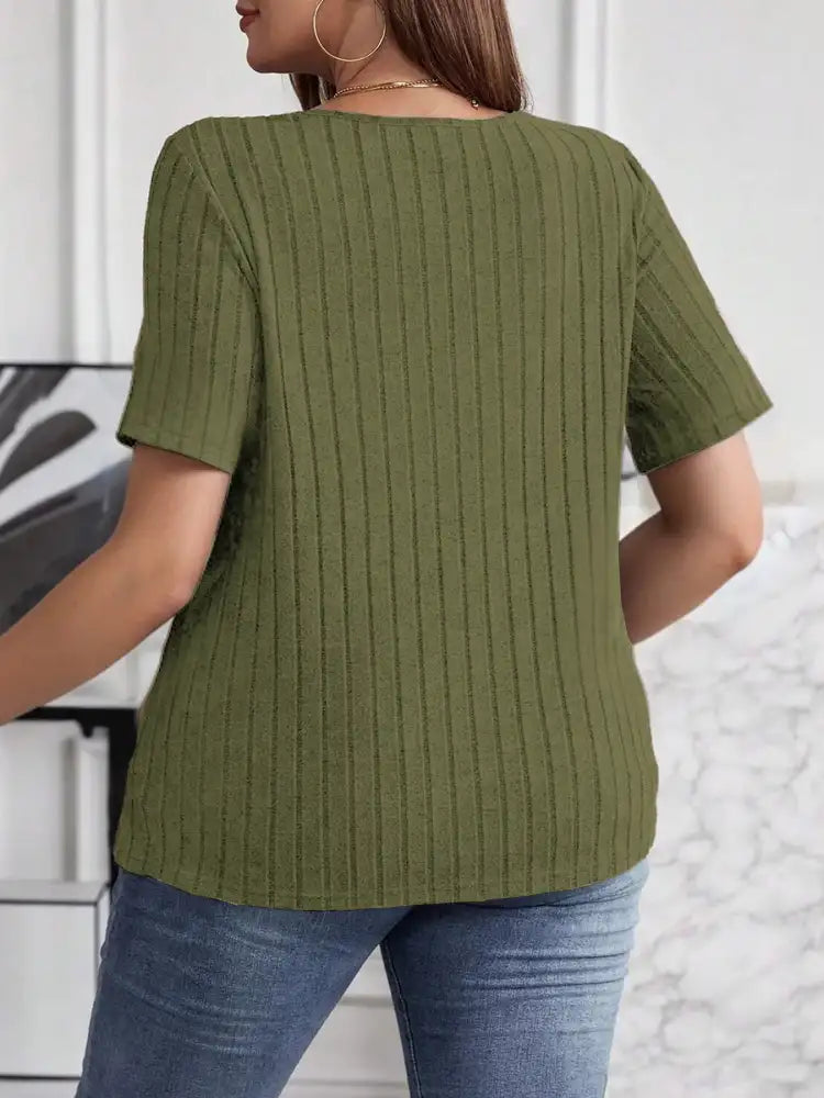 Plus Size V-Neck Short Sleeve Ribbed T-Shirt