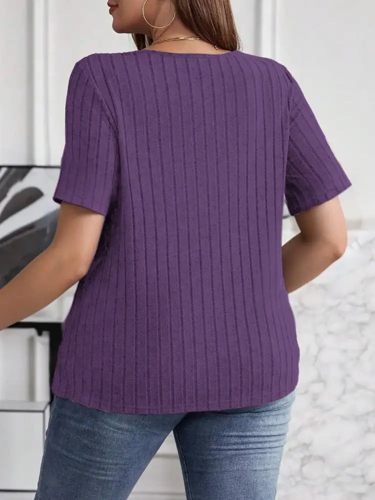 Plus Size V-Neck Short Sleeve Ribbed T-Shirt