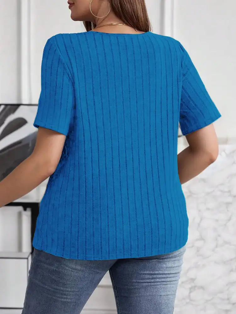 Plus Size V-Neck Short Sleeve Ribbed T-Shirt