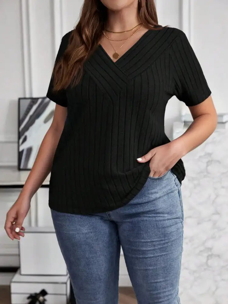Plus Size V-Neck Short Sleeve Ribbed T-Shirt