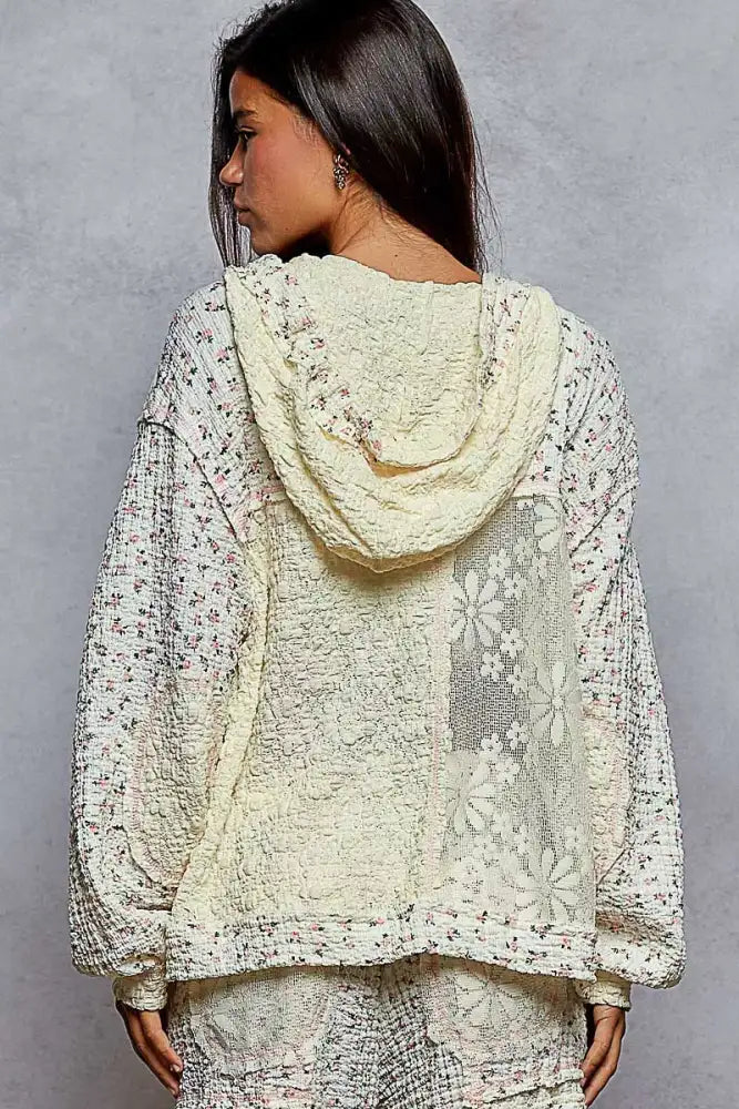 POL Floral Balloon Sleeve Hooded Lace Jacket with Stitch Detail