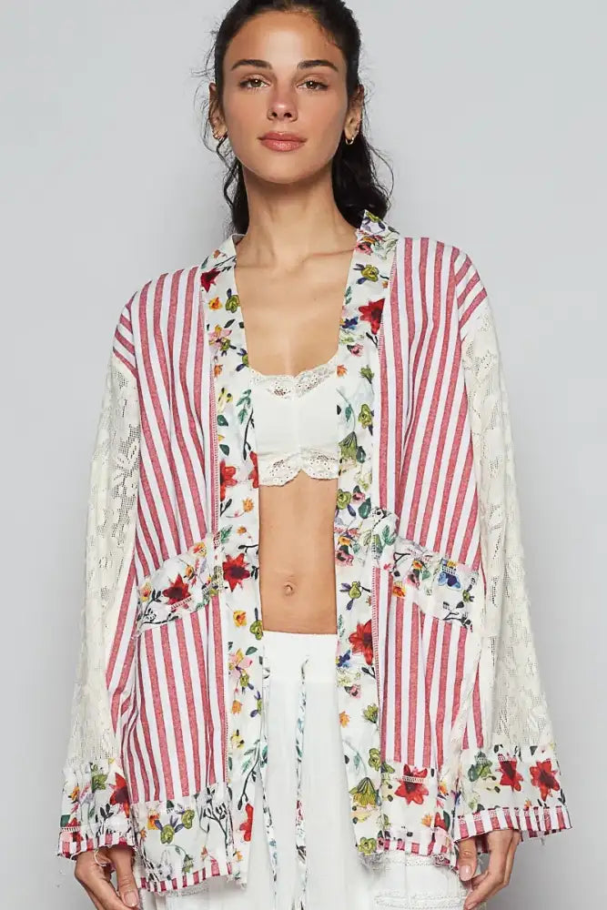 POL Lace Long Sleeve Striped Cardigan with Floral Patchwork Detail