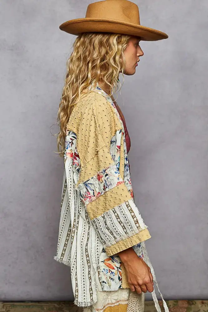 POL Raw Edge Open Front Patchwork Cardigan with Floral Trim