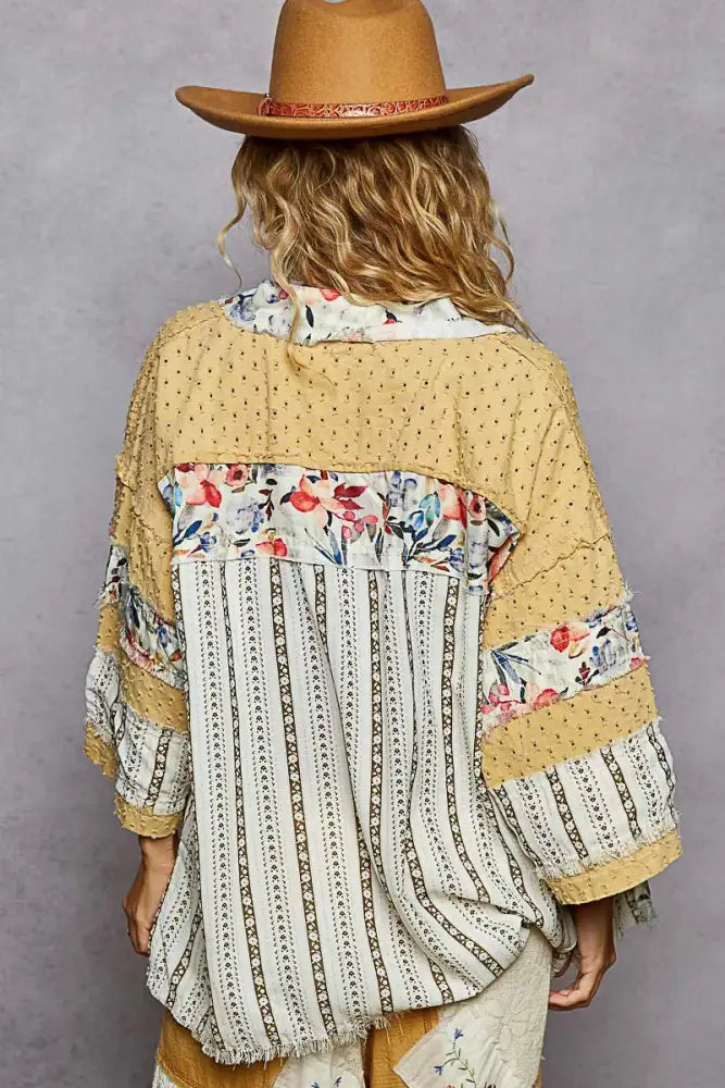 POL Raw Edge Open Front Patchwork Cardigan with Floral Trim