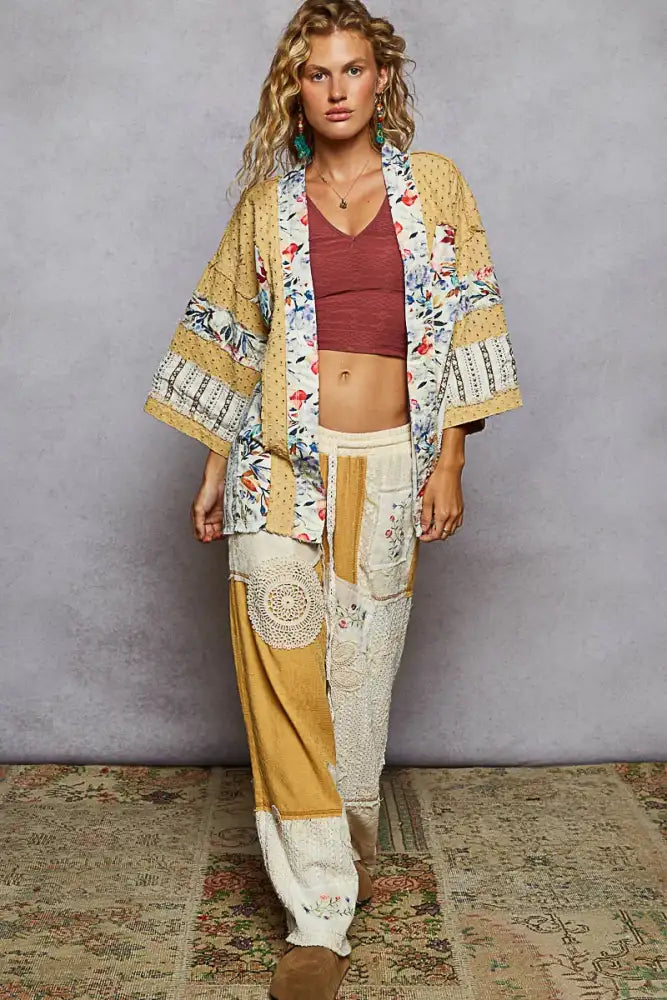 POL Raw Edge Open Front Patchwork Cardigan with Floral Trim