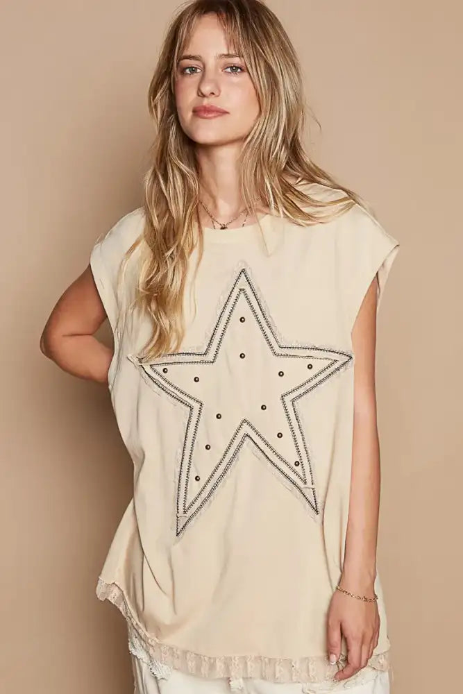 POL Star Patch Studded Sleeveless T-Shirt with Lace Hem