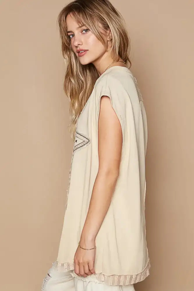POL Star Patch Studded Sleeveless T-Shirt with Lace Hem