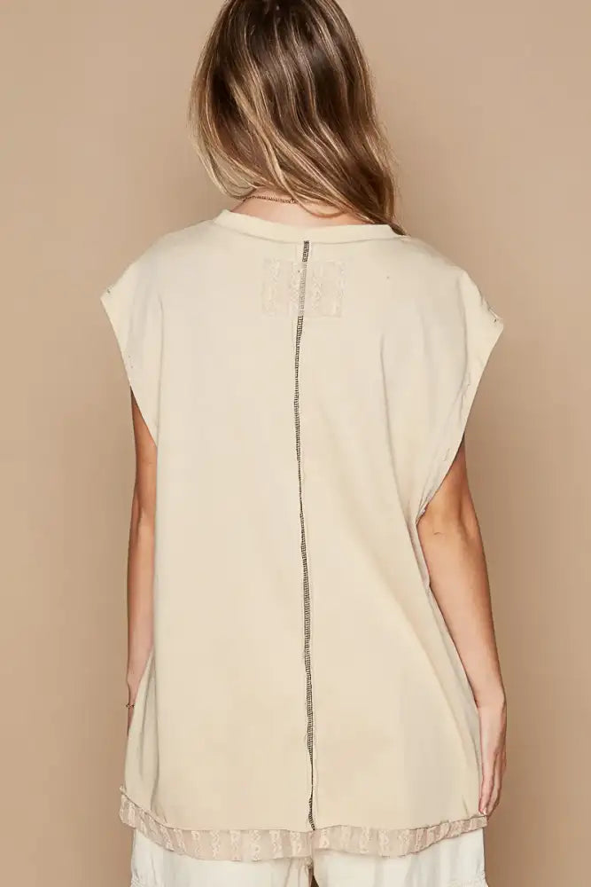 POL Star Patch Studded Sleeveless T-Shirt with Lace Hem