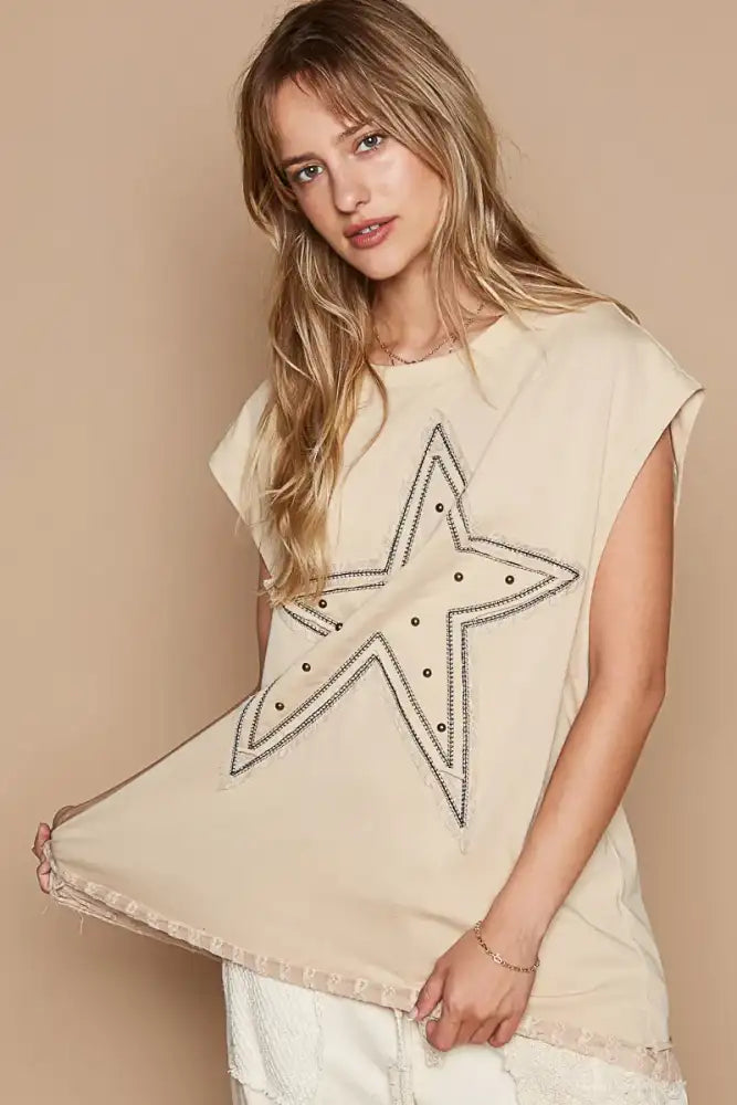 POL Star Patch Studded Sleeveless T-Shirt with Lace Hem