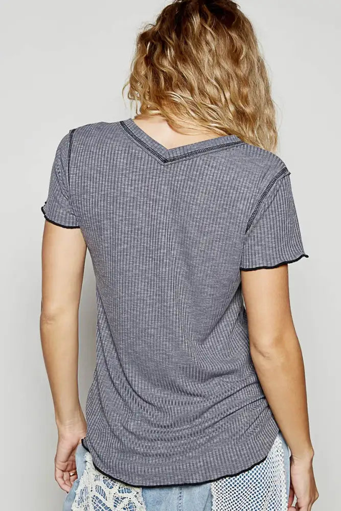 POL V-Neck Short Sleeve Ribbed T-Shirt with Contrast Overlock Stitching