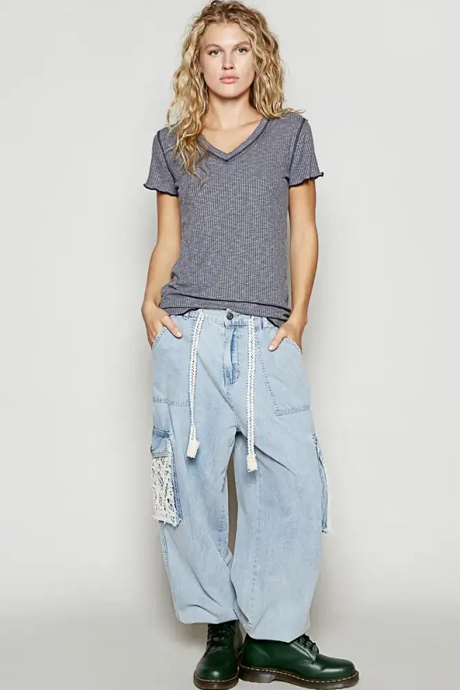 POL V-Neck Short Sleeve Ribbed T-Shirt with Contrast Overlock Stitching