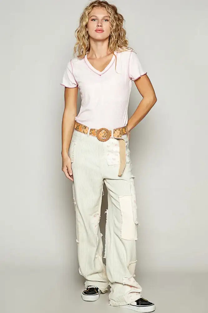 POL V-Neck Short Sleeve Ribbed T-Shirt with Contrast Overlock Stitching