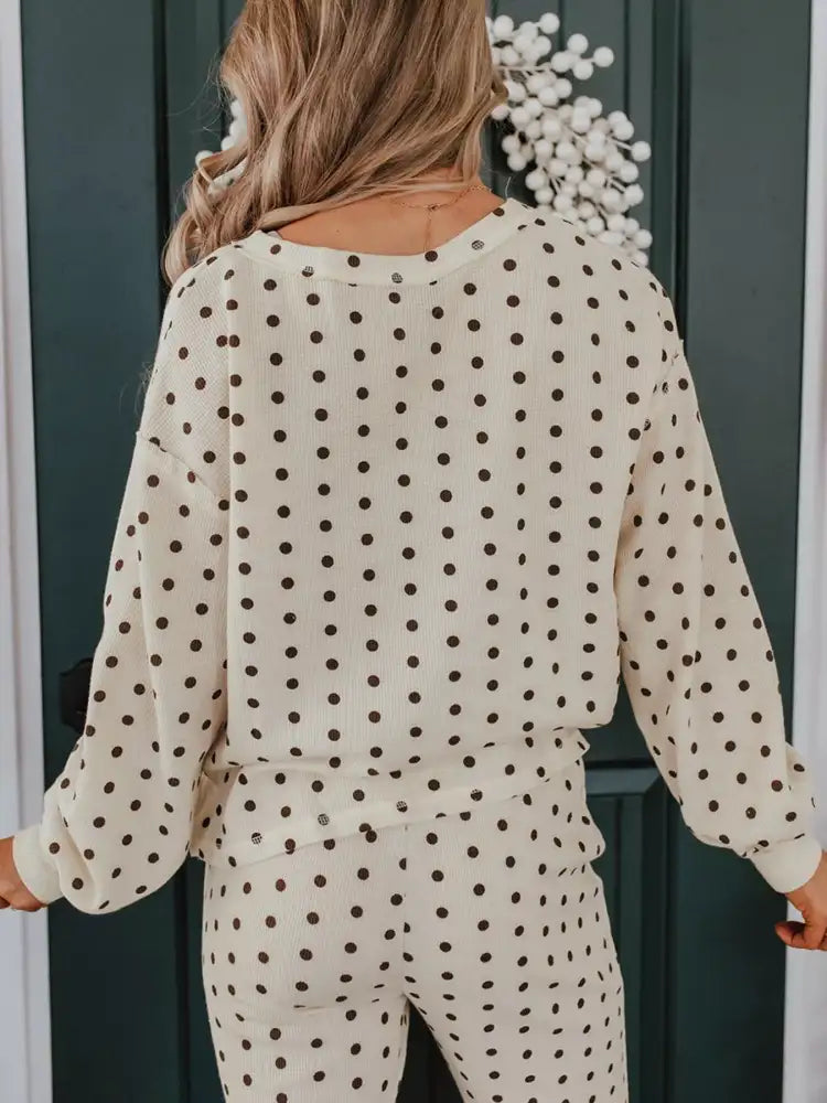 Polka Dot Notched Long Sleeve Top and Drawstring Joggers Lounge Set