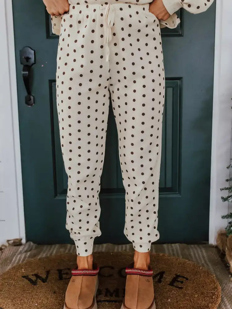 Polka Dot Notched Long Sleeve Top and Drawstring Joggers Lounge Set