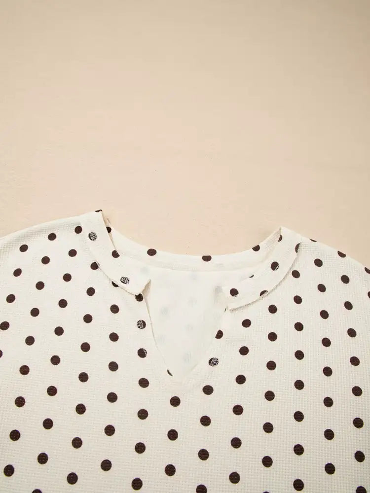 Polka Dot Notched Long Sleeve Top and Drawstring Joggers Lounge Set