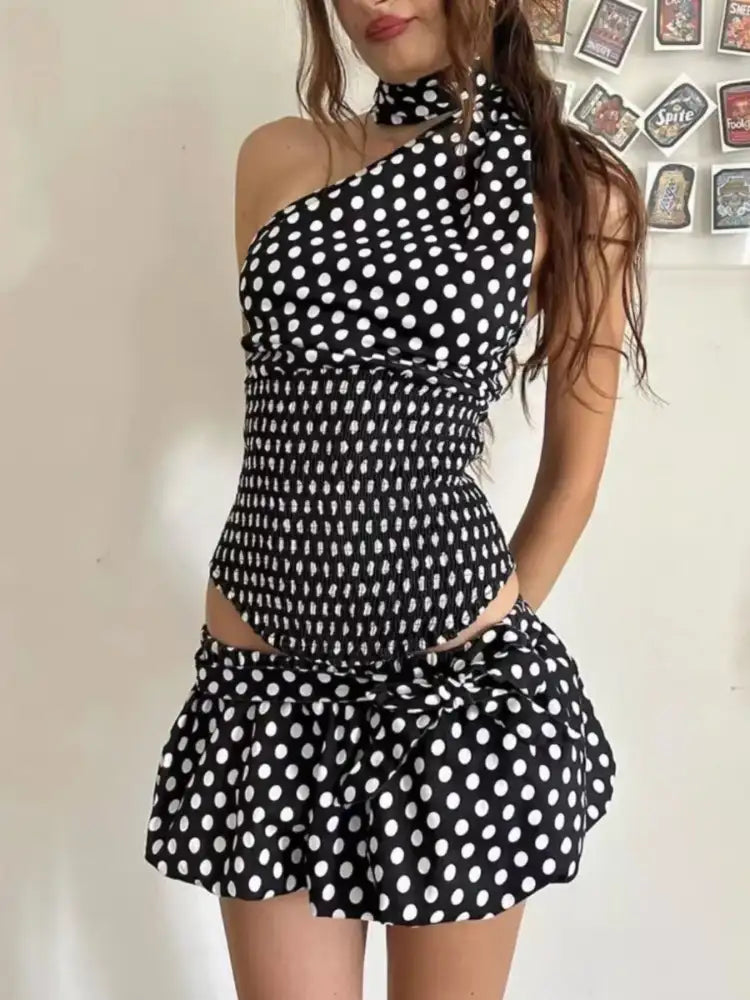 Polka Dot One-Shoulder Top and Mini Skirt Set
