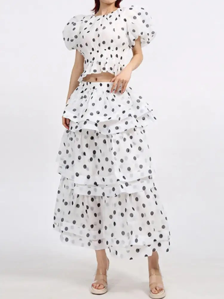 Polka Dot Puff Sleeve Top and Skirt Set