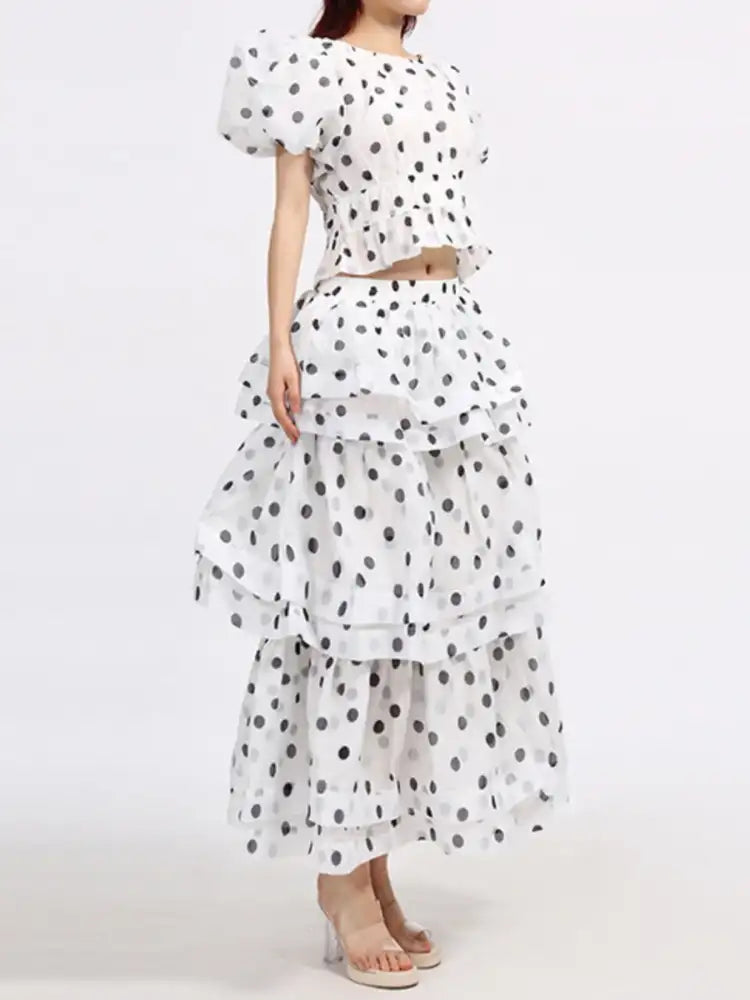 Polka Dot Puff Sleeve Top and Skirt Set