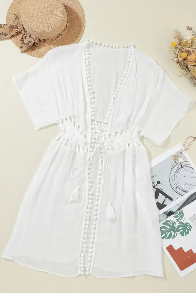 Pom Pom Trim Drawstring Waist Cover-Up