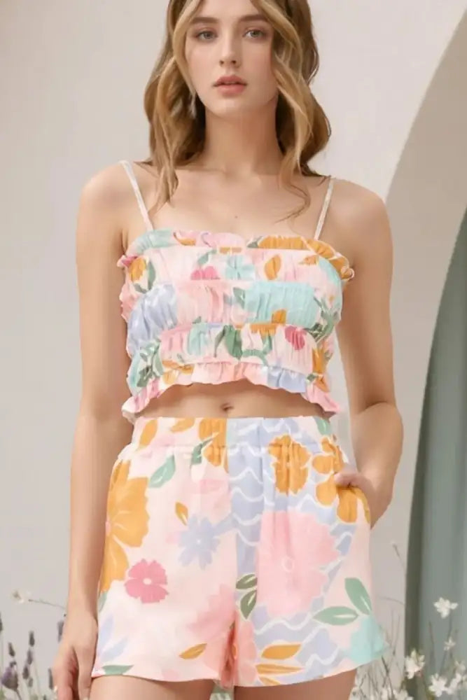 Print Ruffle Trim Cami Top and Shorts Set