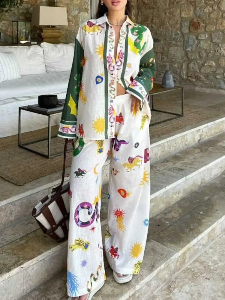 Printed Button Down Shirt and Pants Set