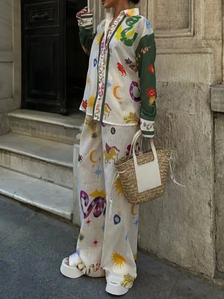 Printed Button Down Shirt and Pants Set