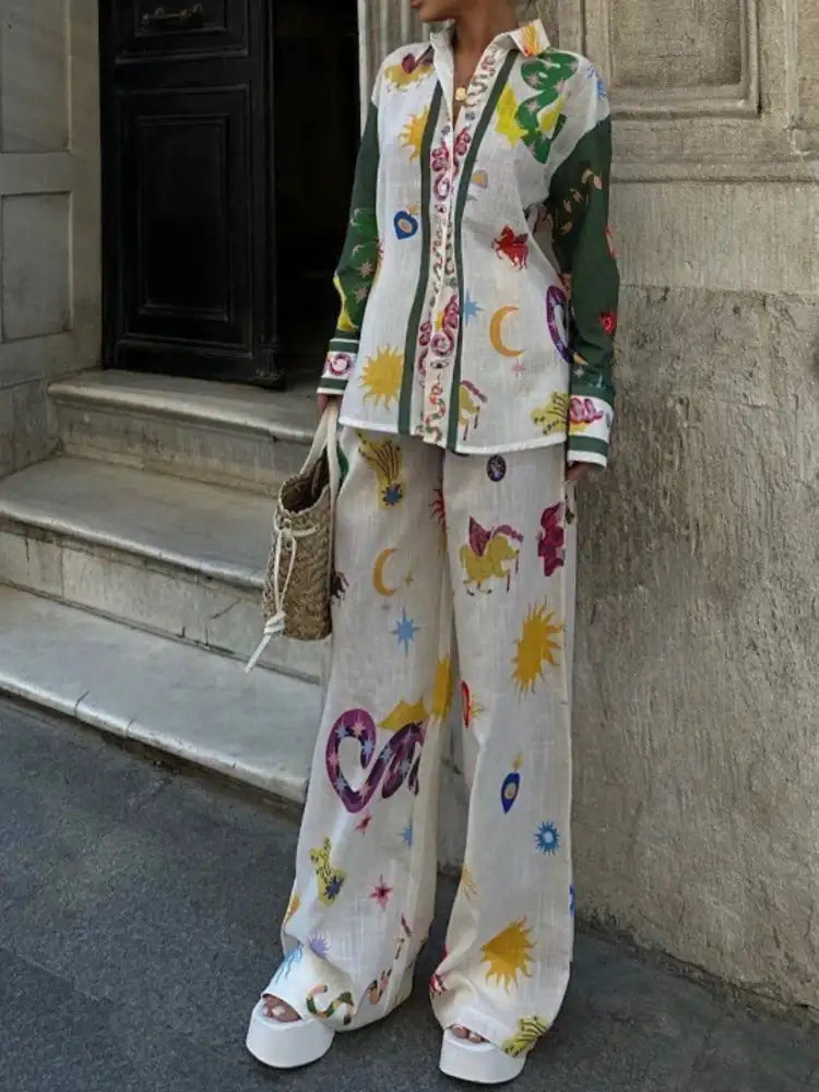 Printed Button Down Shirt and Pants Set