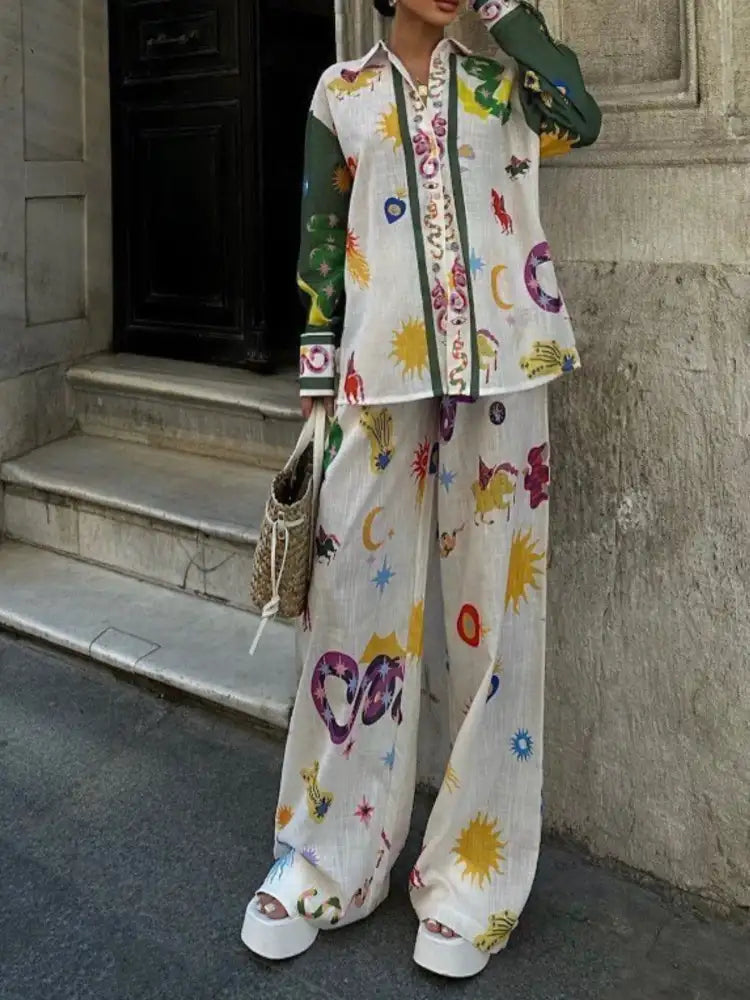 Printed Button Down Shirt and Pants Set