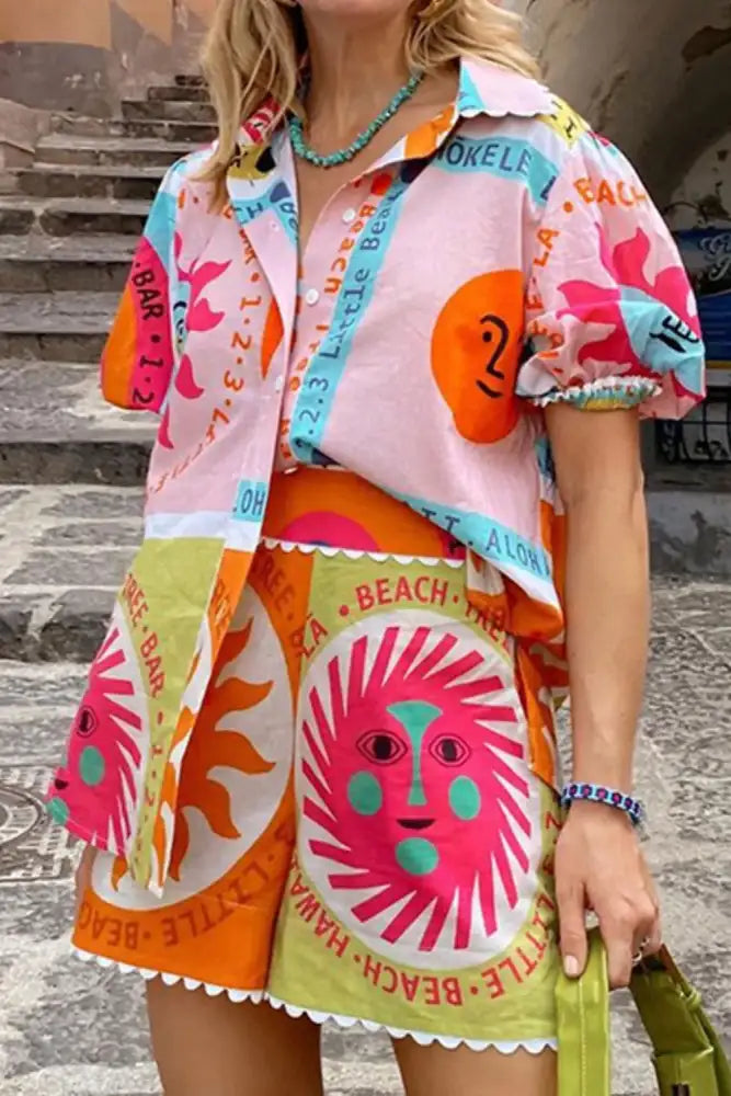 Printed Button Down Shirt and Shorts Set