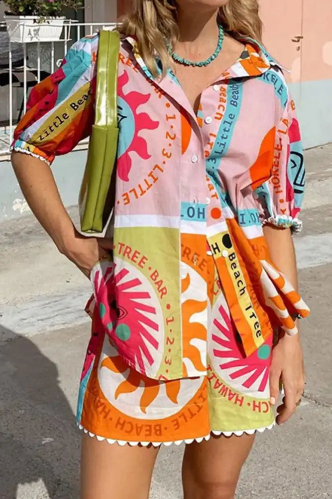 Printed Button Down Shirt and Shorts Set