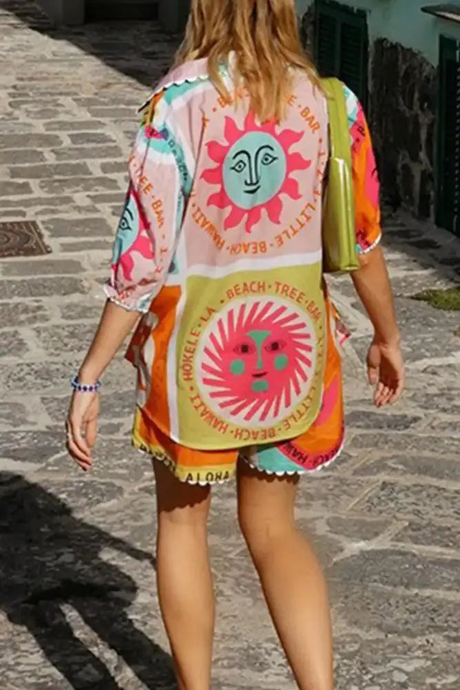 Printed Button Down Shirt and Shorts Set