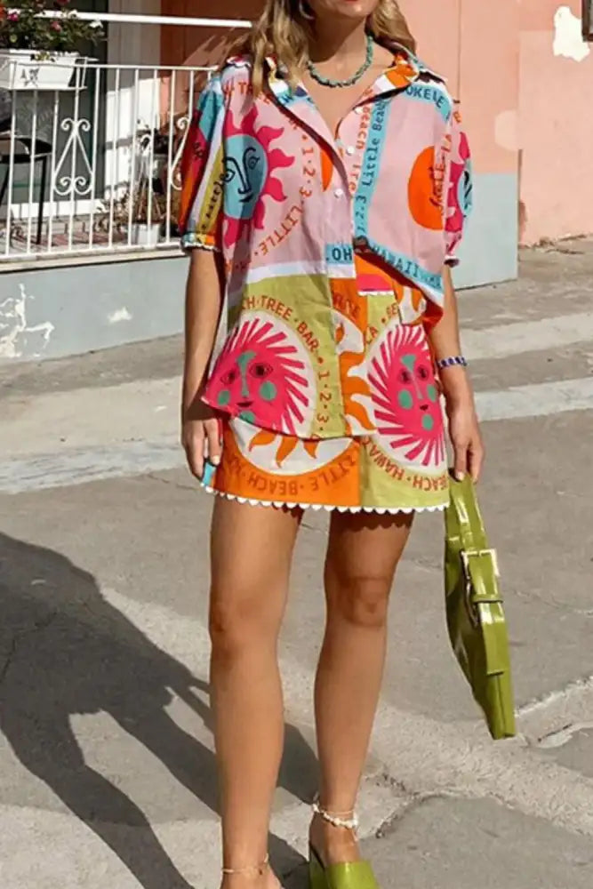 Printed Button Down Shirt and Shorts Set