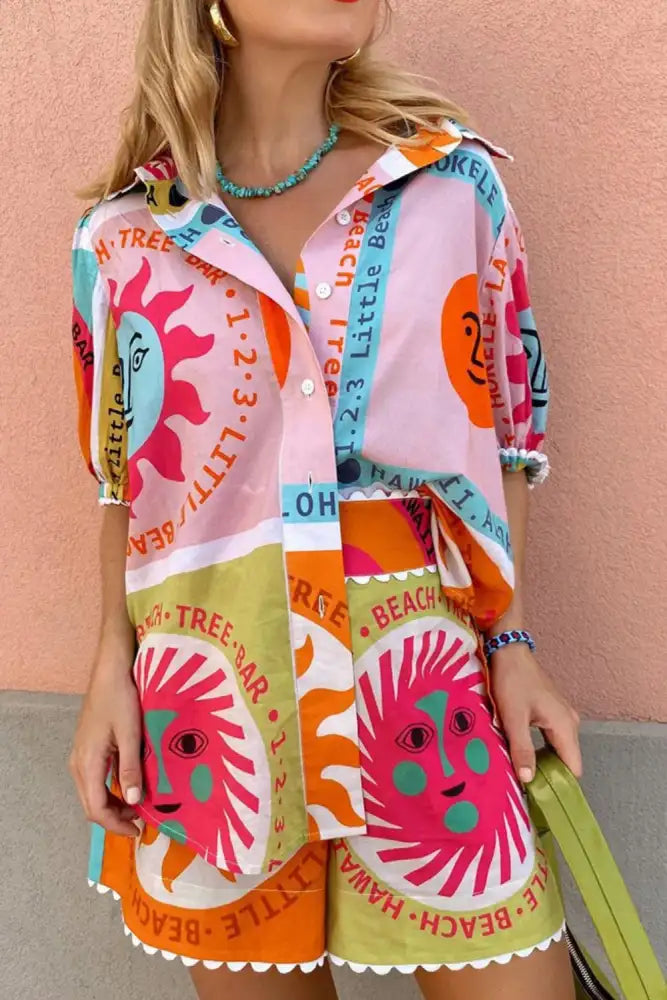 Printed Button Down Shirt and Shorts Set