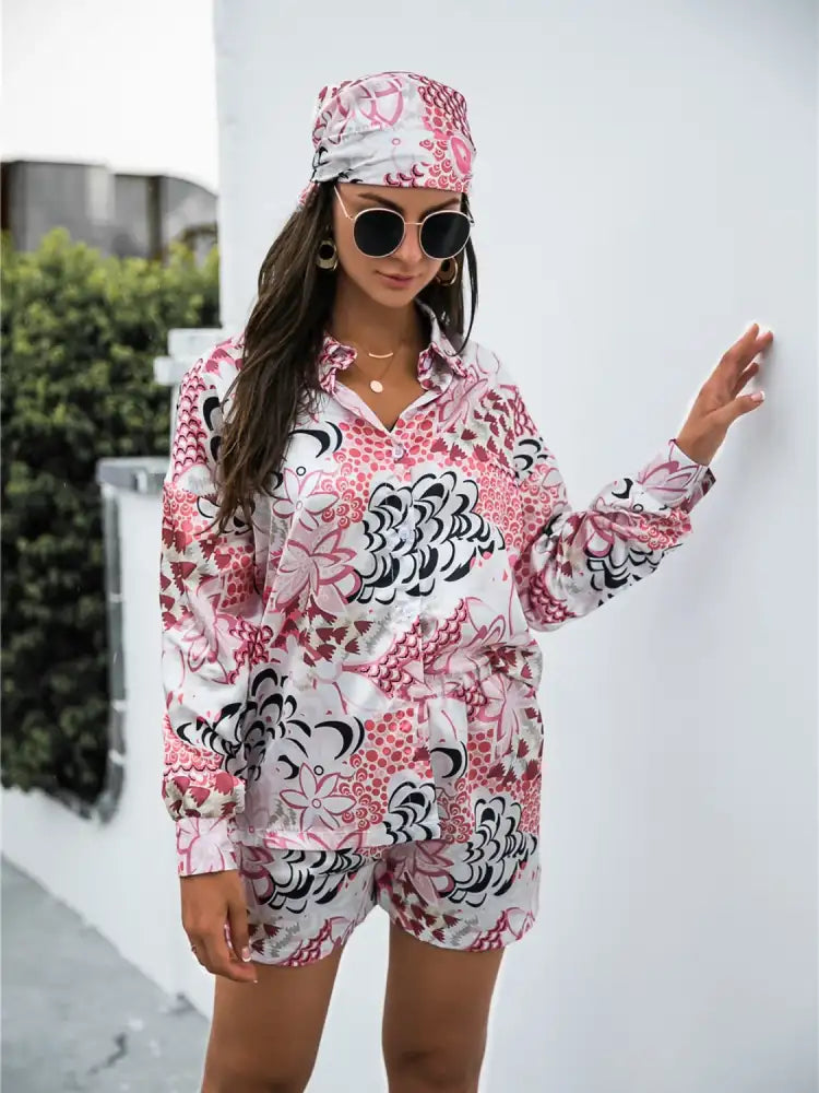 Printed Button Up Long Sleeve Shirt and Shorts Set