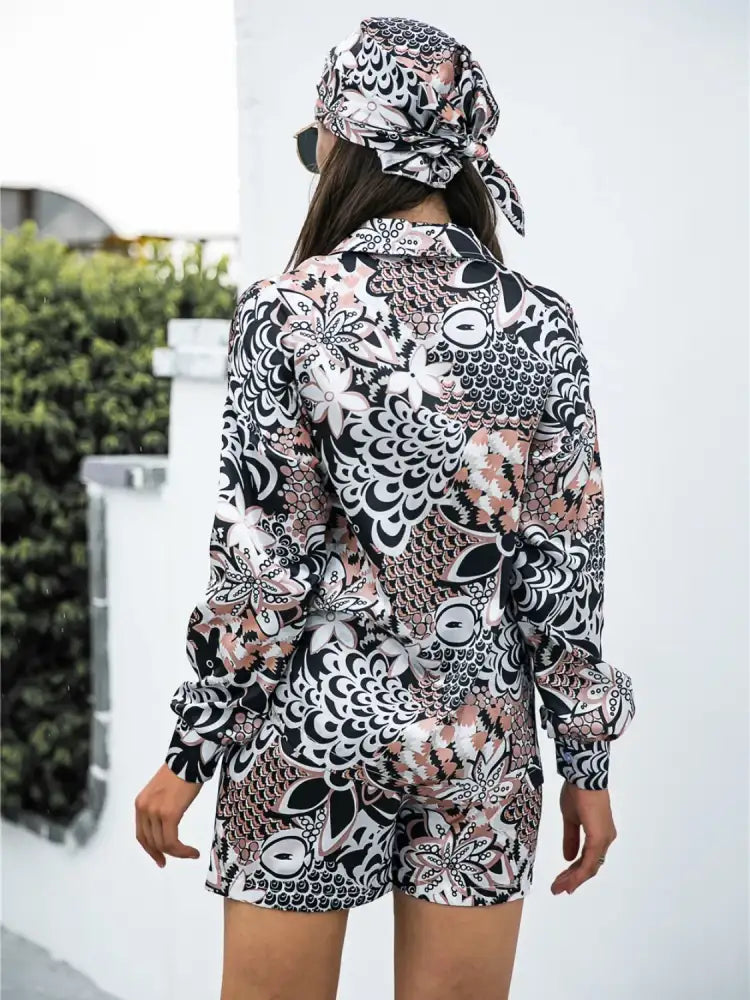 Printed Button Up Long Sleeve Shirt and Shorts Set