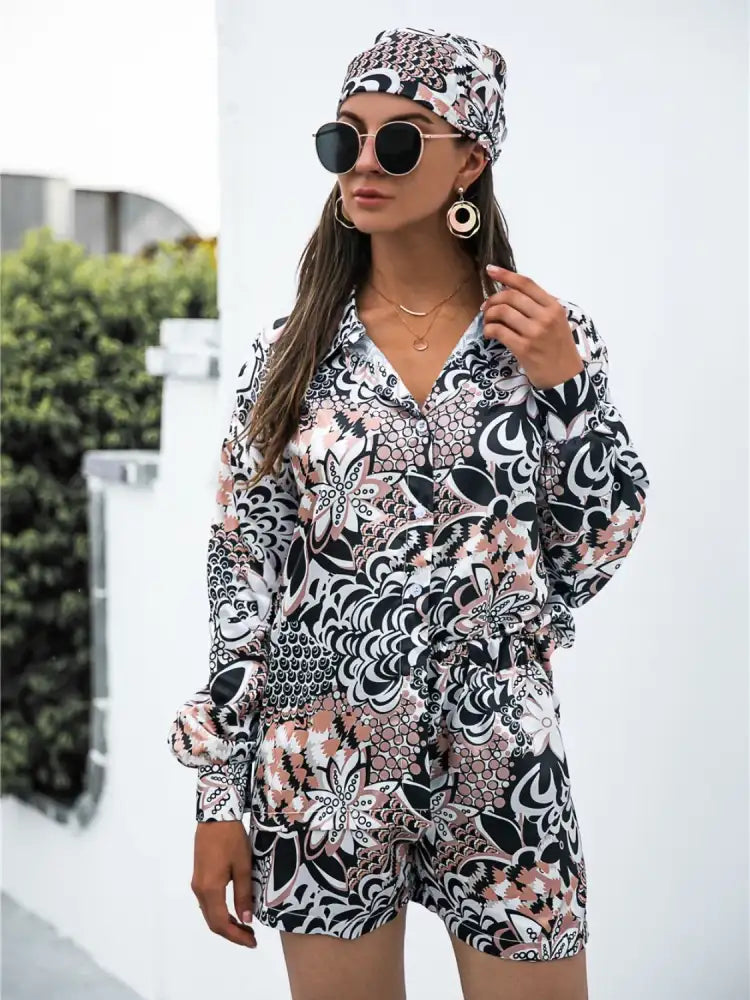 Printed Button Up Long Sleeve Shirt and Shorts Set