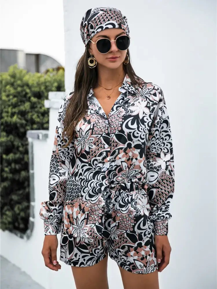 Printed Button Up Long Sleeve Shirt and Shorts Set