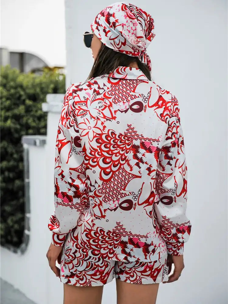 Printed Button Up Long Sleeve Shirt and Shorts Set