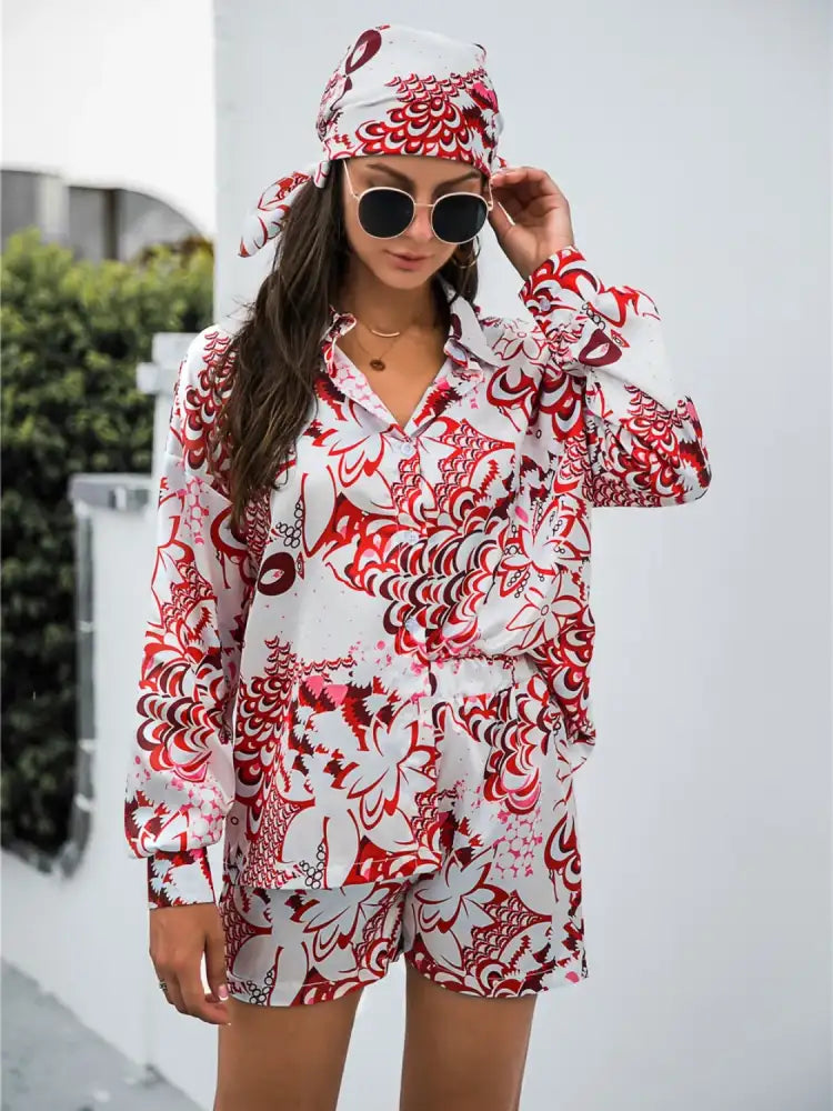 Printed Button Up Long Sleeve Shirt and Shorts Set